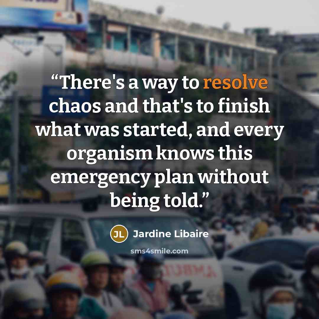 “There's a way to resolve chaos and that's to finish what was started, and every organism knows this emergency plan without being told.” quote by Jardine Libaire