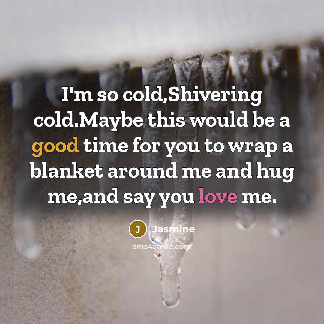 “I'm so cold,Shivering cold.Maybe this would be a good time for you to wrap a blanket around me and hug me,and say you love me.” quote by Jasmine