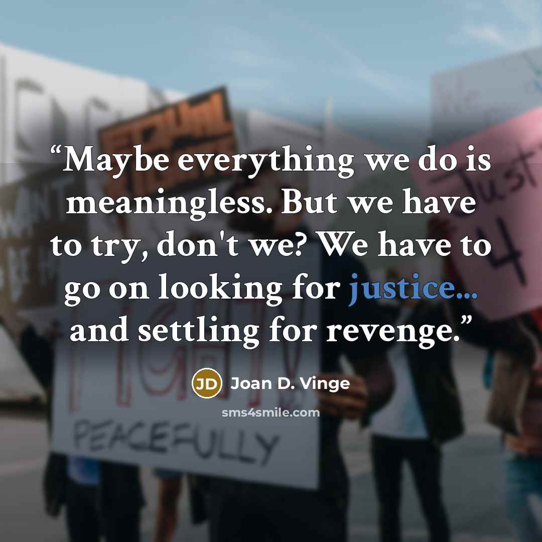 “Maybe everything we do is meaningless. But we have to try, don't we? We have to go on looking for justice... and settling for revenge.” quote by Joan D. Vinge