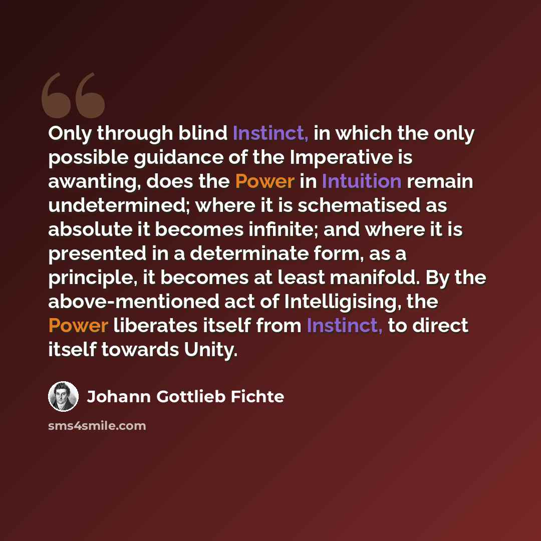 “Only through blind Instinct, in which the only possible guidance of the Imperative is awanting, does the Power in Intuition remain undetermined; where it is schematised as absolute it becomes infinite; and where it is presented in a determinate form, as a principle, it becomes at least manifold…” quote by Johann Gottlieb Fichte