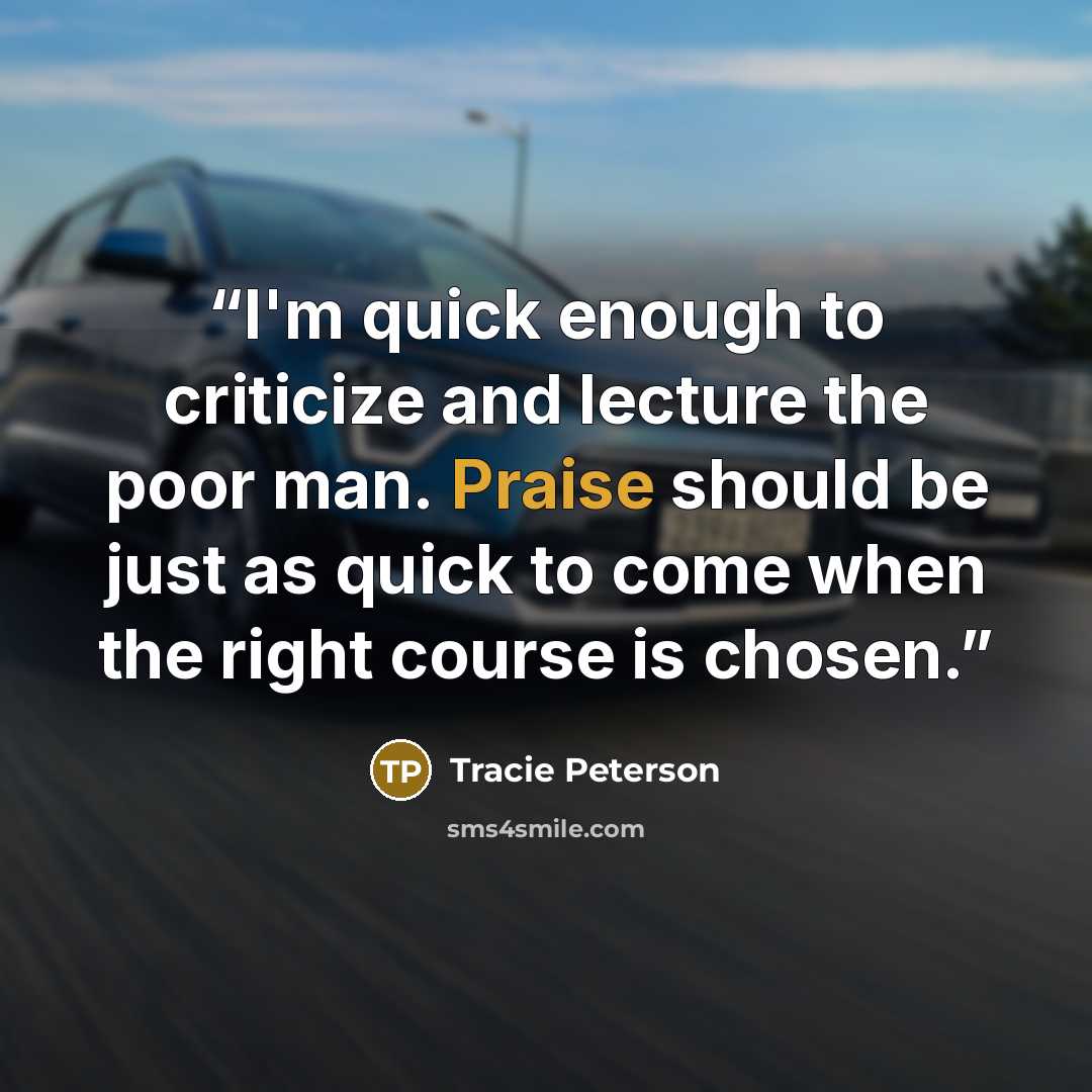 “I'm quick enough to criticize and lecture the poor man. Praise should be just as quick to come when the right course is chosen.” quote by Tracie Peterson