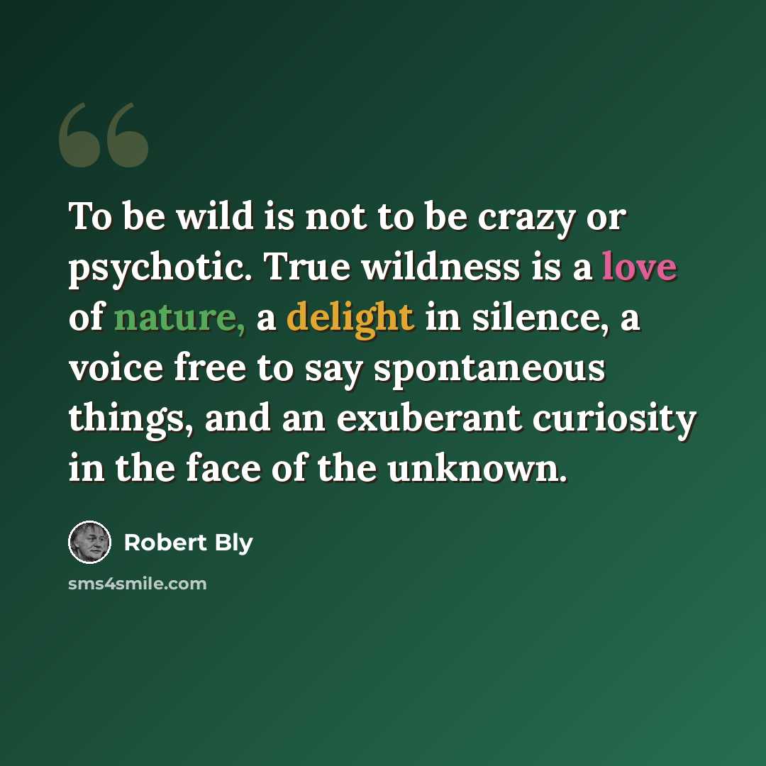 “To be wild is not to be crazy or psychotic. True wildness is a love of nature, a delight in silence, a voice free to say spontaneous things, and an exuberant curiosity in the face of the unknown.” quote by Robert Bly