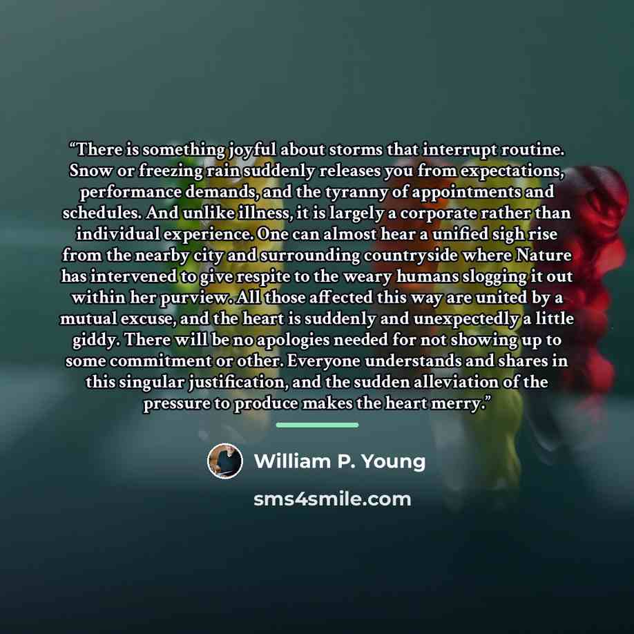“There is something joyful about storms that interrupt routine. Snow or freezing rain suddenly releases you from expectations, performance demands, and the tyranny of appointments and schedules. And unlike illness, it is largely a corporate rather than individual experience. One can almost hear a…” quote by William P. Young