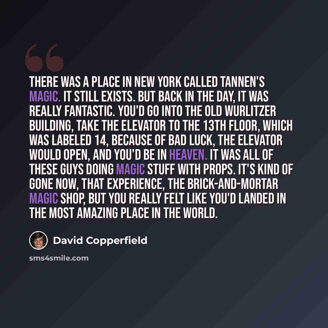 “There was a place in New York called Tannen's Magic. It still exists. But back in the day, it was really fantastic. You'd go into the old Wurlitzer Building, take the elevator to the 13th floor, which was labeled 14, because of bad luck, the elevator would open, and you'd be in heaven. It was all…” quote by David Copperfield