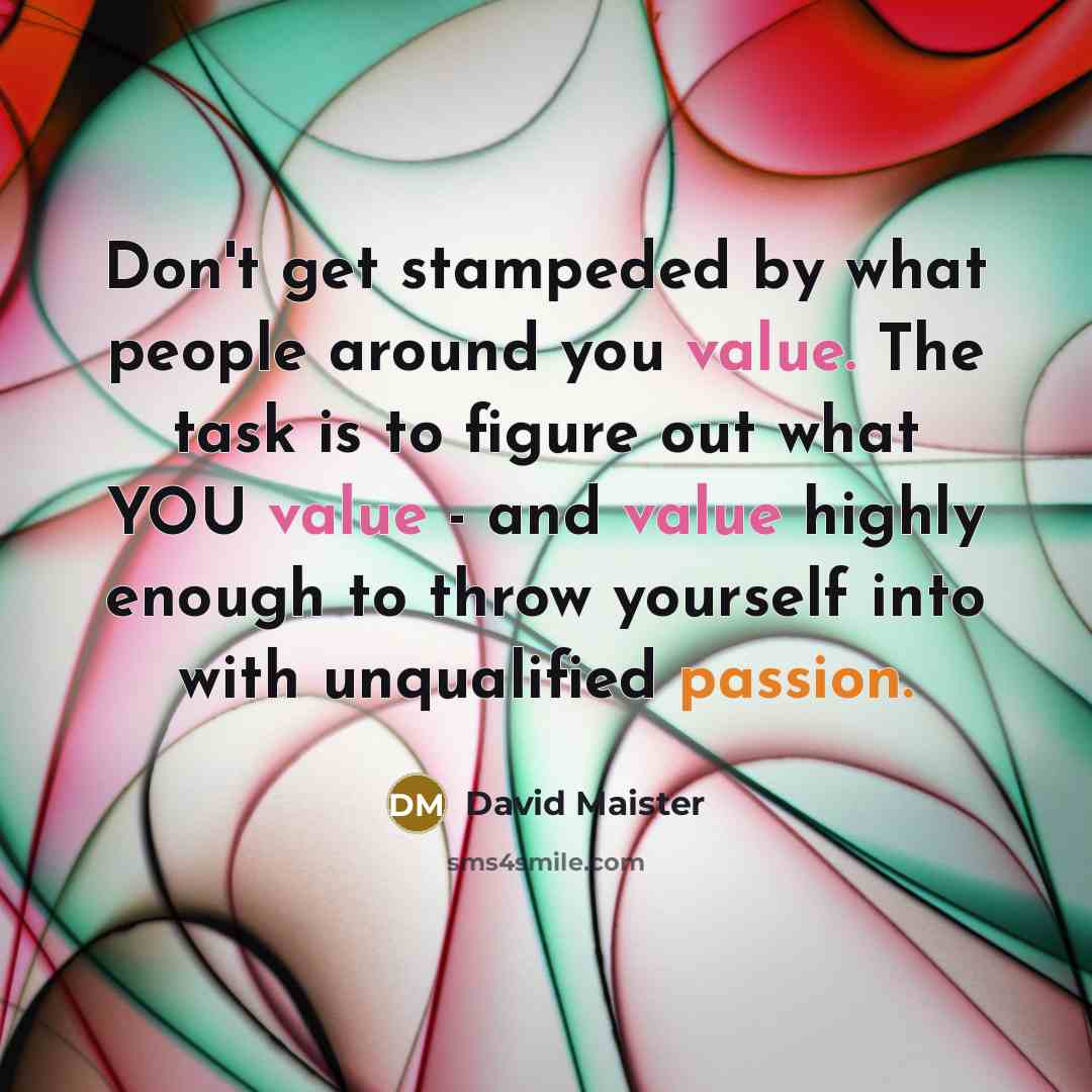 “Don't get stampeded by what people around you value. The task is to figure out what YOU value - and value highly enough to throw yourself into with unqualified passion.” quote by David Maister