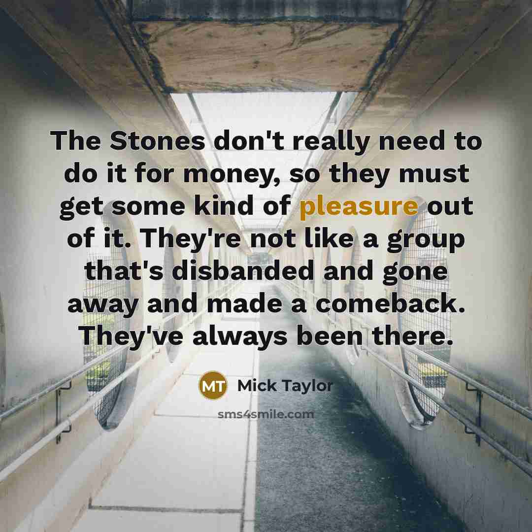 “The Stones don't really need to do it for money, so they must get some kind of pleasure out of it. They're not like a group that's disbanded and gone away and made a comeback. They've always been there.” quote by Mick Taylor