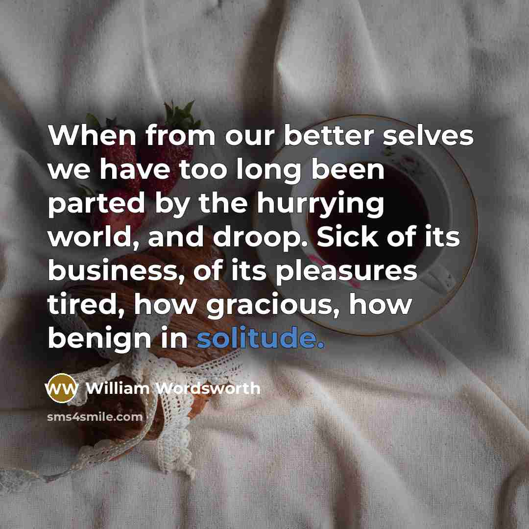 “When from our better selves we have too long been parted by the hurrying world, and droop. Sick of its business, of its pleasures tired, how gracious, how benign in solitude.” quote by William Wordsworth