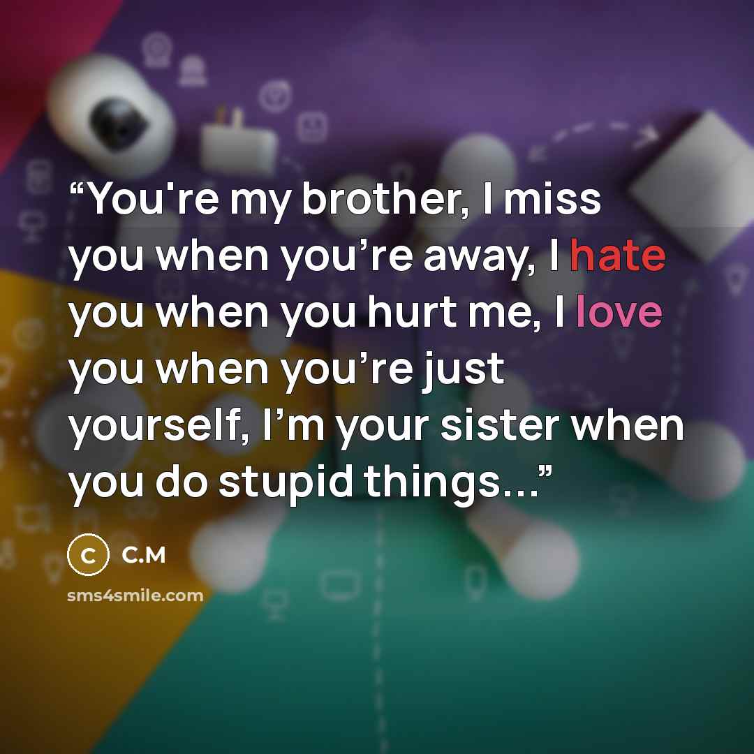 “You're my brother, I miss you when you're away, I hate you when you hurt me, I love you when you're just yourself, I'm your sister when you do stupid things...” quote by C.M