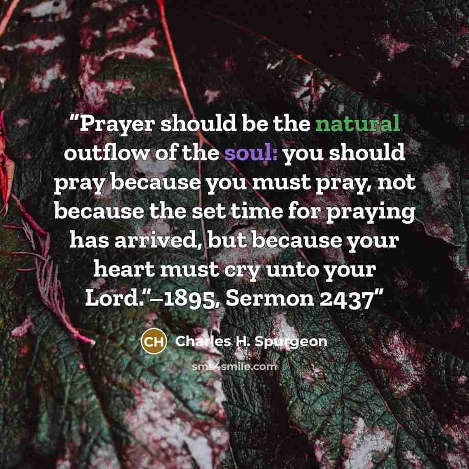“Prayer should be the natural outflow of the soul: you should pray because you must pray, not because the set time for praying has arrived, but because your heart must cry unto your Lord.”–1895, Sermon 2437” quote by Charles H. Spurgeon