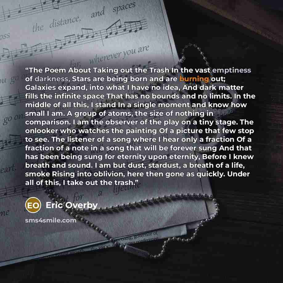 “The Poem About Taking out the Trash In the vast emptiness of darkness, Stars are being born and are burning out; Galaxies expand, into what I have no idea, And dark matter fills the infinite space That has no bounds and no limits. In the middle of all this, I stand In a single moment and know how…” quote by Eric Overby