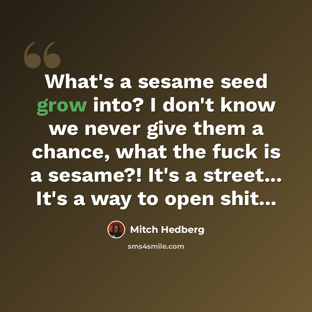 “What's a sesame seed grow into? I don't know we never give them a chance, what the fuck is a sesame?! It's a street... It's a way to open shit...” quote by Mitch Hedberg