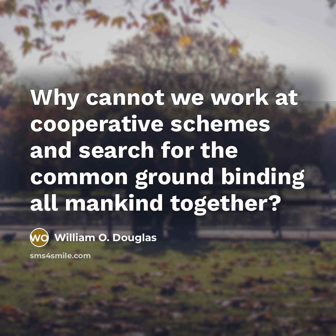“Why cannot we work at cooperative schemes and search for the common ground binding all mankind together?” quote by William O. Douglas