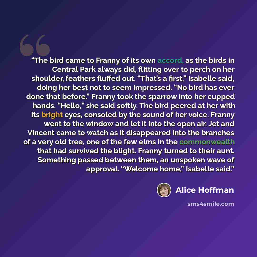 “The bird came to Franny of its own accord, as the birds in Central Park always did, flitting over to perch on her shoulder, feathers fluffed out. “That’s a first,” Isabelle said, doing her best not to seem impressed. “No bird has ever done that before.” Franny took the sparrow into her cupped…” quote by Alice Hoffman