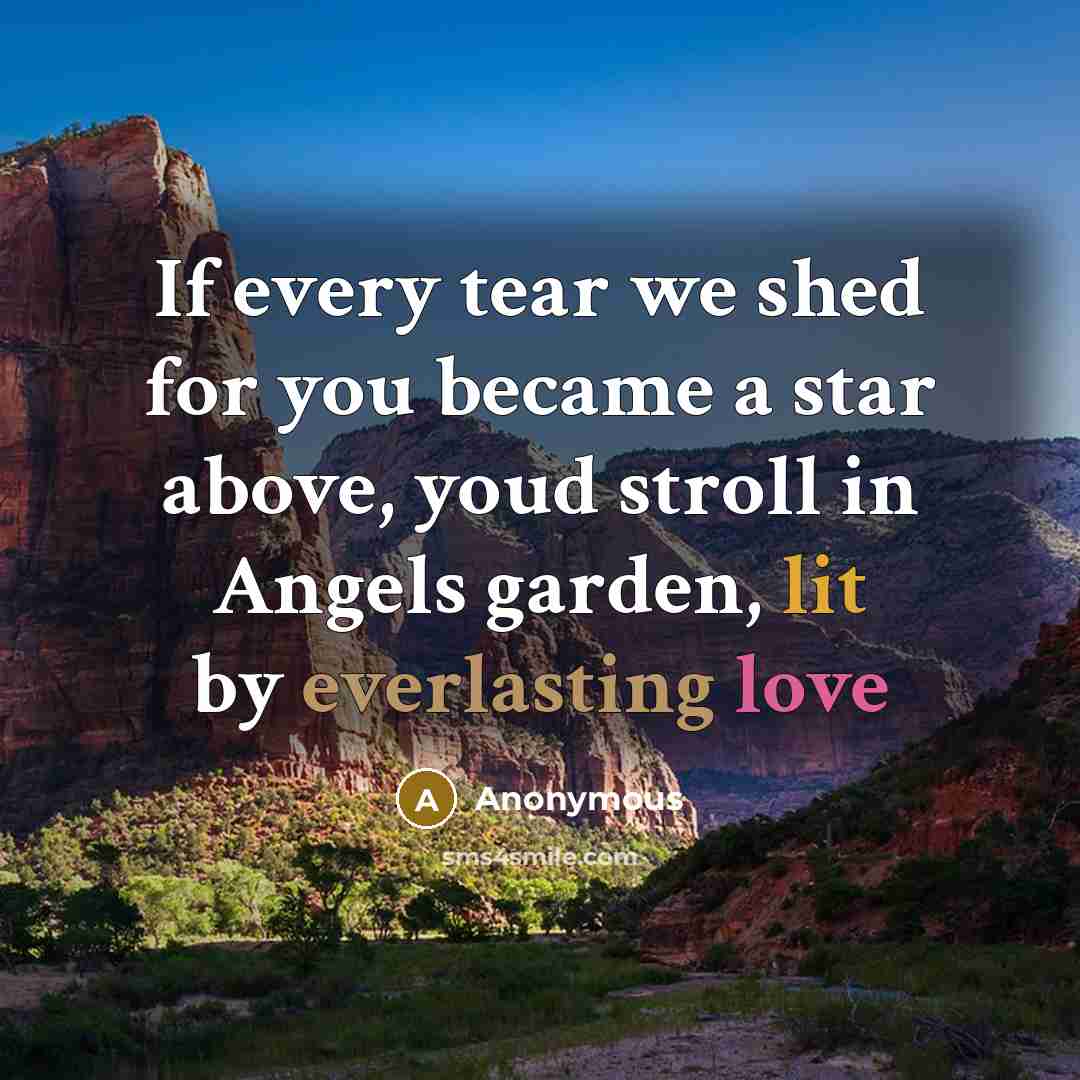 “If every tear we shed for you became a star above, youd stroll in Angels garden, lit by everlasting love” quote by Anonymous