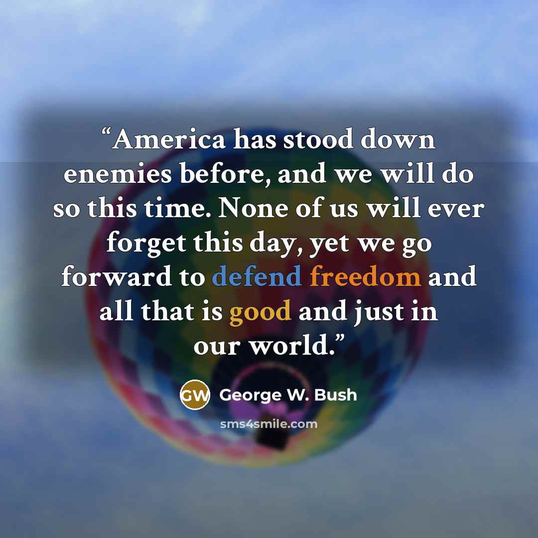 “America has stood down enemies before, and we will do so this time. None of us will ever forget this day, yet we go forward to defend freedom and all that is good and just in our world.” quote by George W. Bush