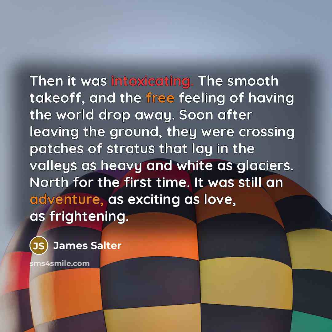 “Then it was intoxicating. The smooth takeoff, and the free feeling of having the world drop away. Soon after leaving the ground, they were crossing patches of stratus that lay in the valleys as heavy and white as glaciers. North for the first time. It was still an adventure, as exciting as love…” quote by James Salter