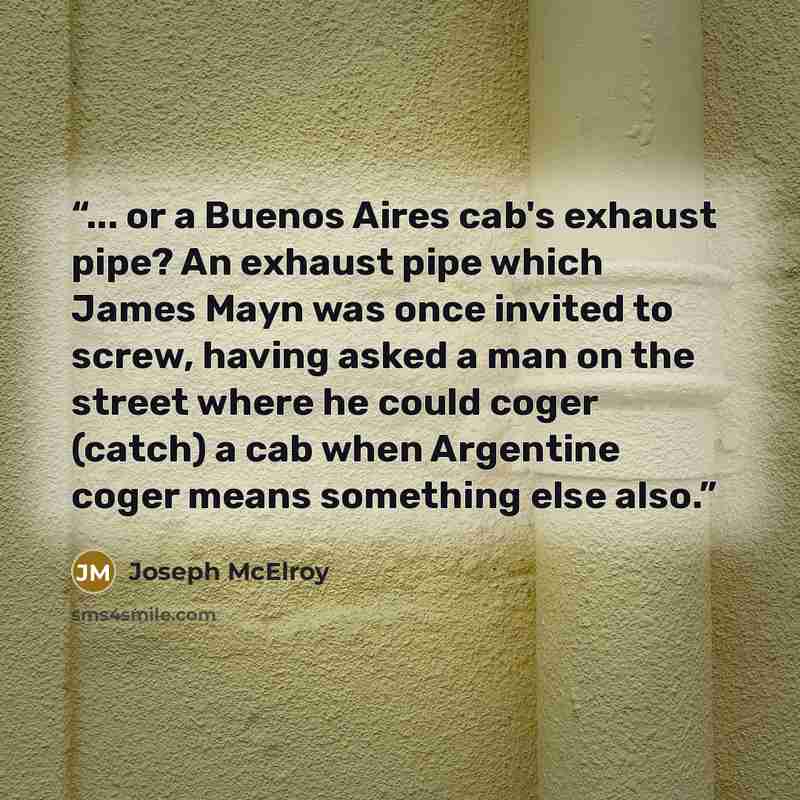“... or a Buenos Aires cab's exhaust pipe? An exhaust pipe which James Mayn was once invited to screw, having asked a man on the street where he could coger (catch) a cab when Argentine coger means something else also.” quote by Joseph McElroy