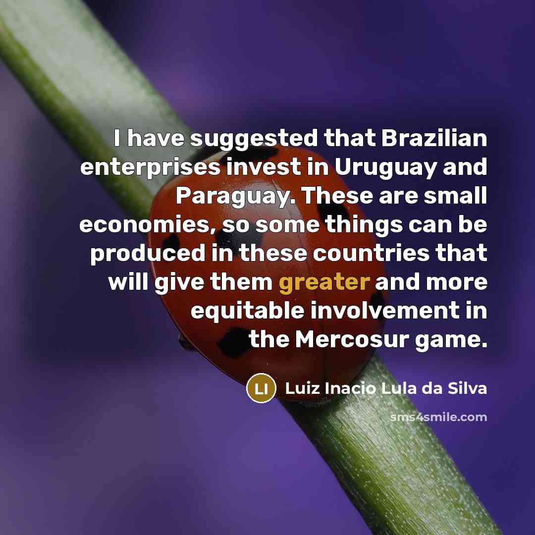 “I have suggested that Brazilian enterprises invest in Uruguay and Paraguay. These are small economies, so some things can be produced in these countries that will give them greater and more equitable involvement in the Mercosur game.” quote by Luiz Inacio Lula da Silva