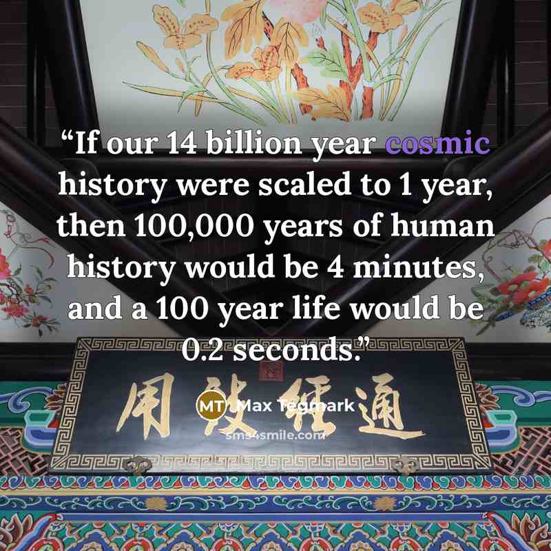 “If our 14 billion year cosmic history were scaled to 1 year, then 100,000 years of human history would be 4 minutes, and a 100 year life would be 0.2 seconds.” quote by Max Tegmark