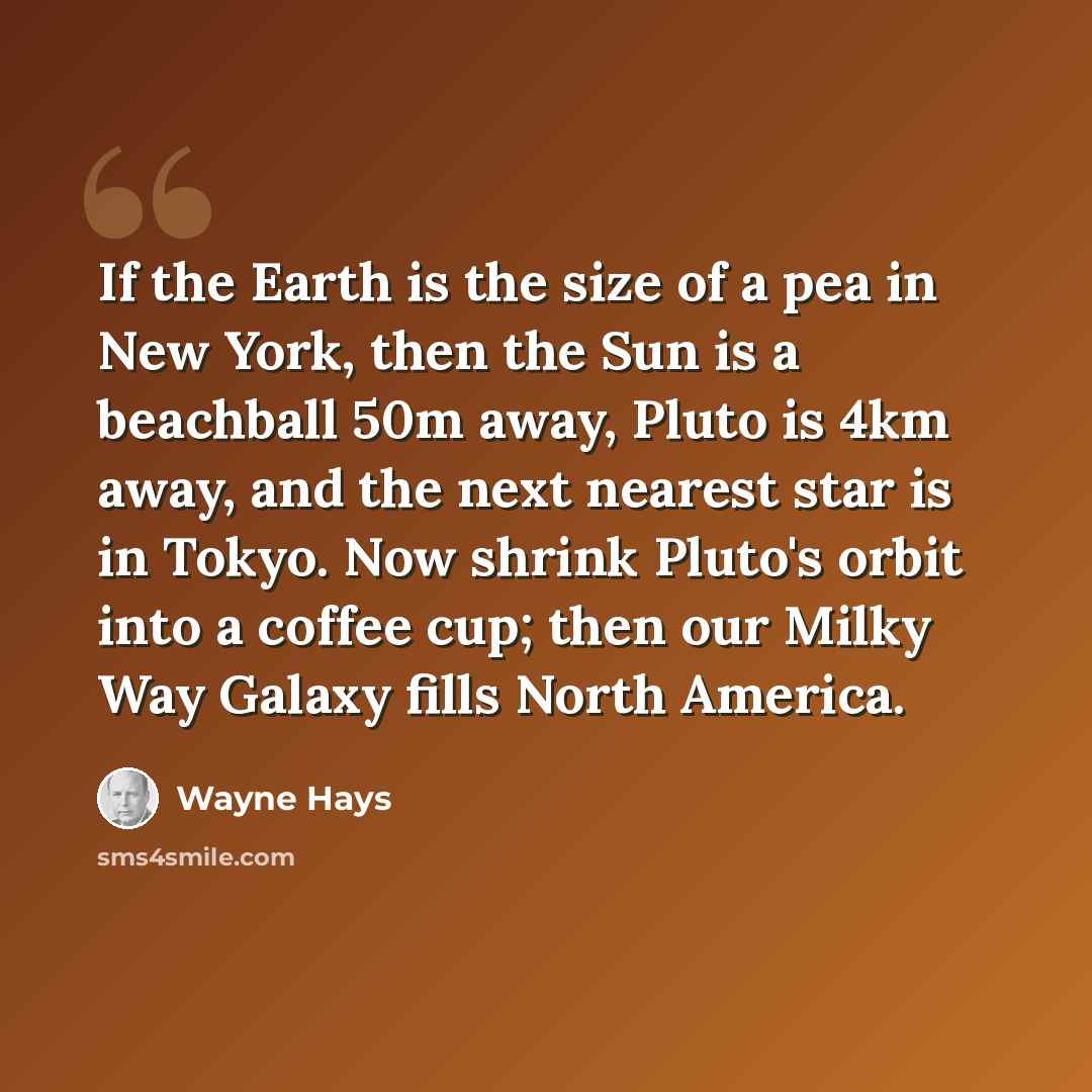 “If the Earth is the size of a pea in New York, then the Sun is a beachball 50m away, Pluto is 4km away, and the next nearest star is in Tokyo. Now shrink Pluto's orbit into a coffee cup; then our Milky Way Galaxy fills North America.” quote by Wayne Hays