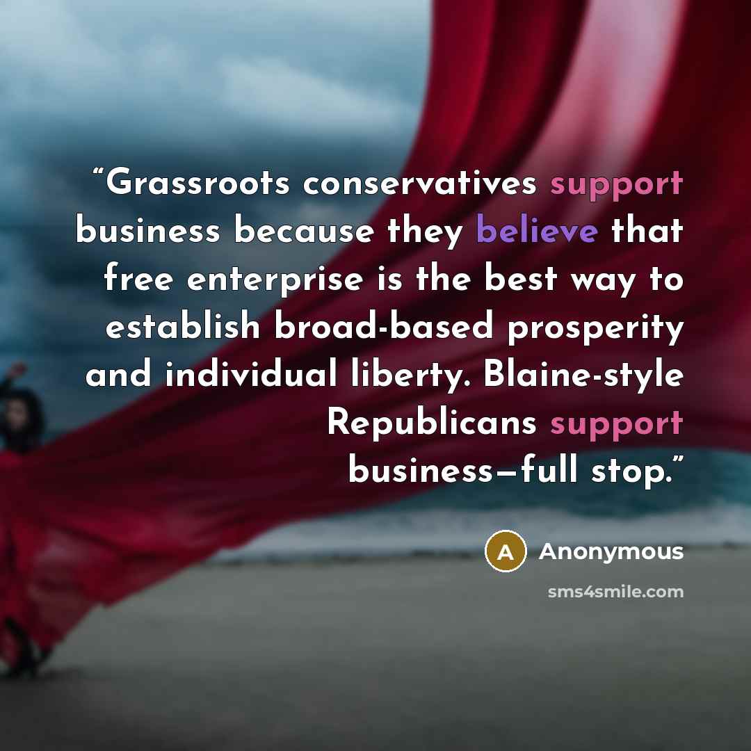 “Grassroots conservatives support business because they believe that free enterprise is the best way to establish broad-based prosperity and individual liberty. Blaine-style Republicans support business—full stop.” quote by Anonymous