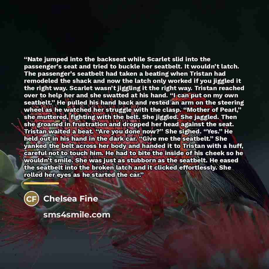 “Nate jumped into the backseat while Scarlet slid into the passenger’s seat and tried to buckle her seatbelt. It wouldn’t latch. The passenger’s seatbelt had taken a beating when Tristan had remodeled the shack and now the latch only worked if you jiggled it the right way. Scarlet wasn’t jiggling…” quote by Chelsea Fine