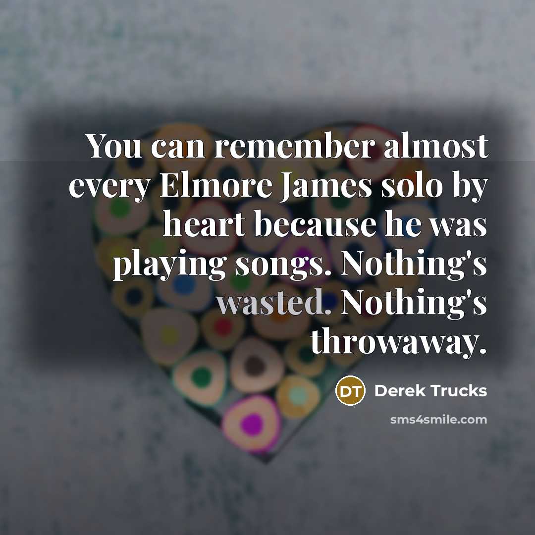 “You can remember almost every Elmore James solo by heart because he was playing songs. Nothing's wasted. Nothing's throwaway.” quote by Derek Trucks