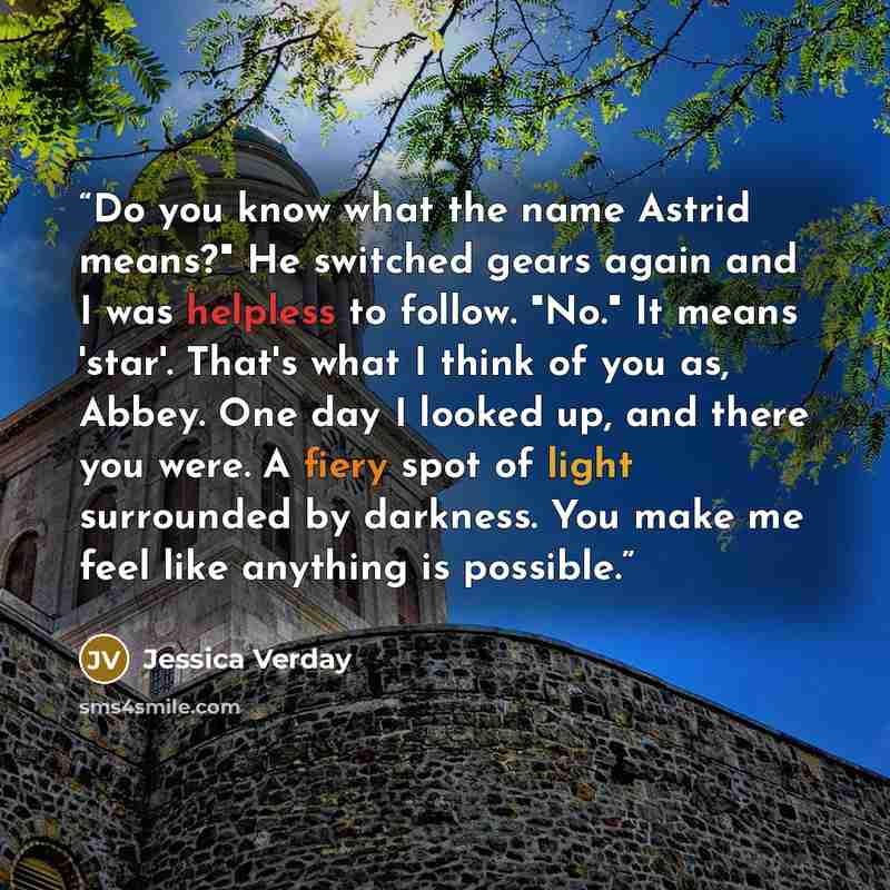 “Do you know what the name Astrid means?" He switched gears again and I was helpless to follow. "No." It means 'star'. That's what I think of you as, Abbey. One day I looked up, and there you were. A fiery spot of light surrounded by darkness. You make me feel like anything is possible.” quote by Jessica Verday