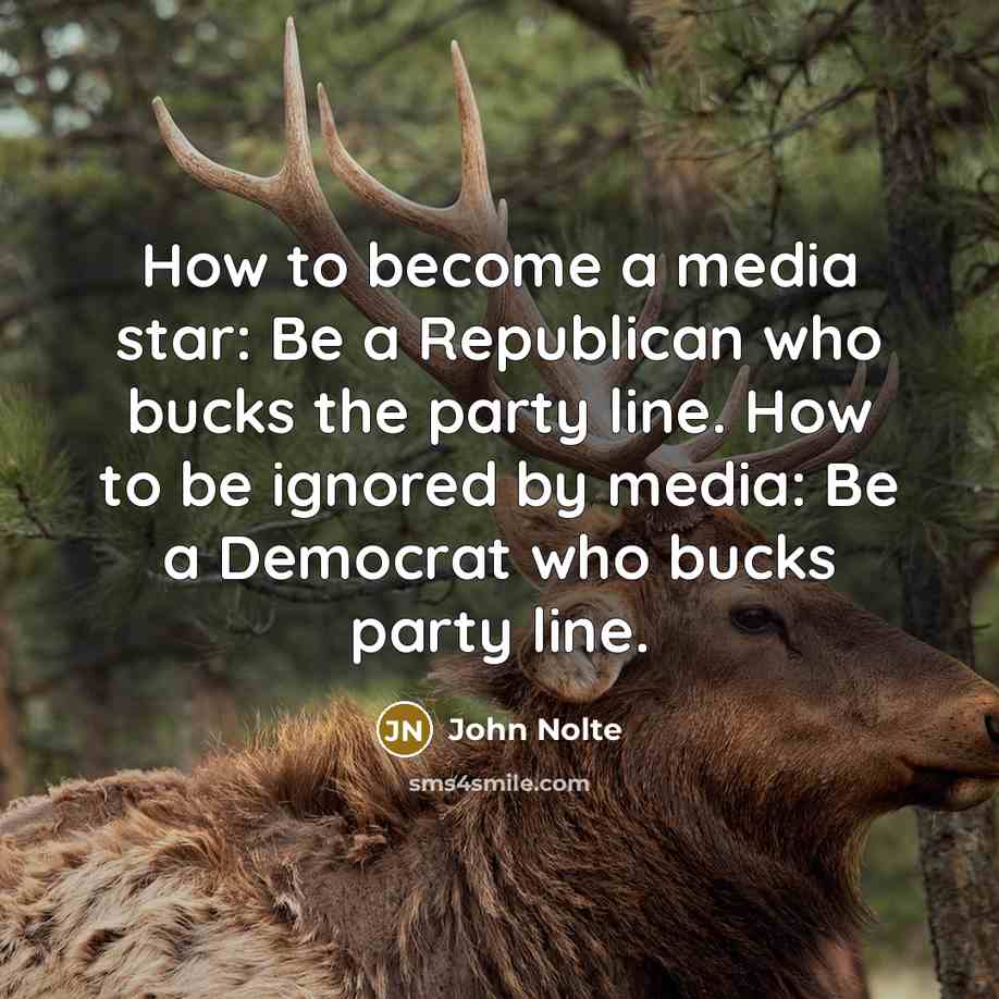“How to become a media star: Be a Republican who bucks the party line. How to be ignored by media: Be a Democrat who bucks party line.” quote by John Nolte