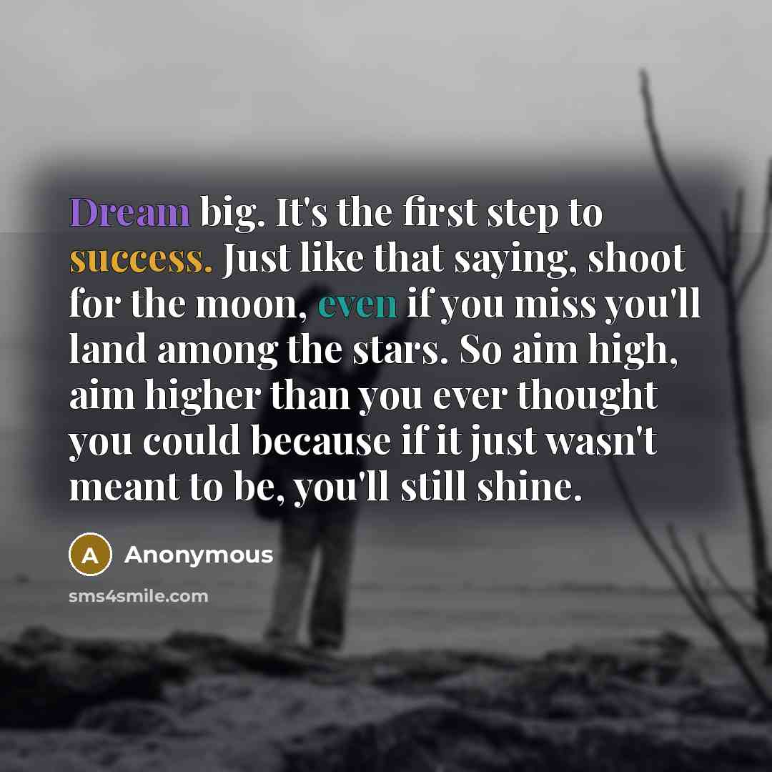 “Dream big. It's the first step to success. Just like that saying, shoot for the moon, even if you miss you'll land among the stars. So aim high, aim higher than you ever thought you could because if it just wasn't meant to be, you'll still shine.” quote by Anonymous