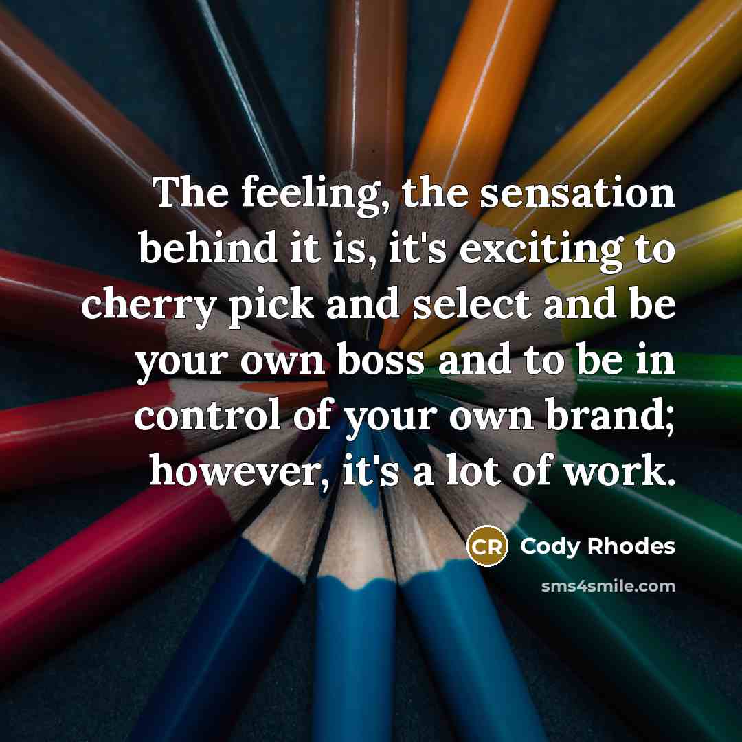 “The feeling, the sensation behind it is, it's exciting to cherry pick and select and be your own boss and to be in control of your own brand; however, it's a lot of work.” quote by Cody Rhodes
