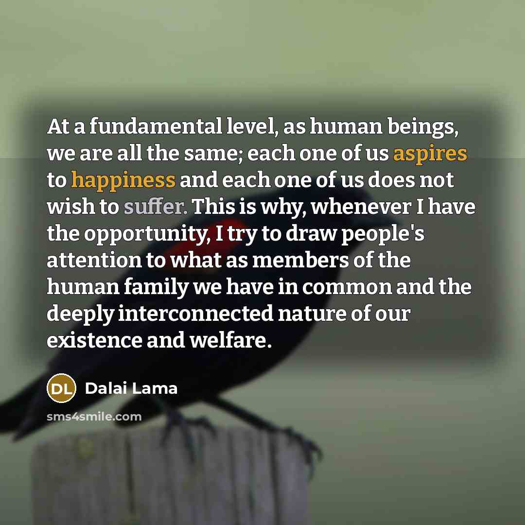 “At a fundamental level, as human beings, we are all the same; each one of us aspires to happiness and each one of us does not wish to suffer. This is why, whenever I have the opportunity, I try to draw people's attention to what as members of the human family we have in common and the deeply…” quote by Dalai Lama