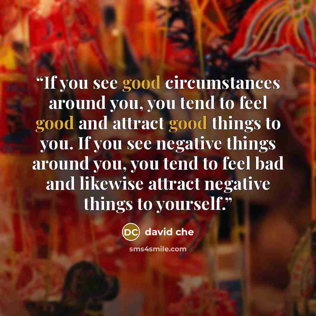 “If you see good circumstances around you, you tend to feel good and attract good things to you. If you see negative things around you, you tend to feel bad and likewise attract negative things to yourself.” quote by david che