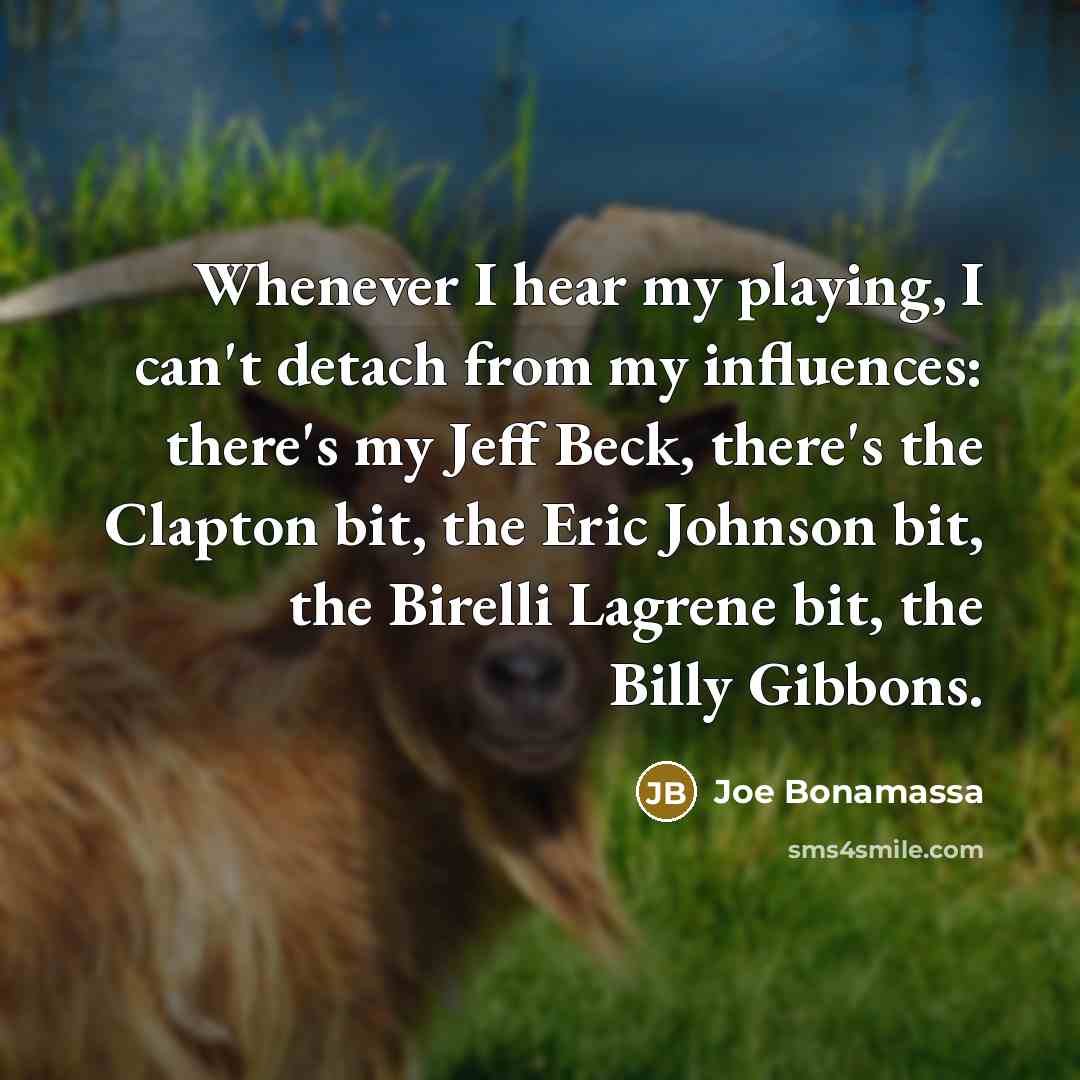 “Whenever I hear my playing, I can't detach from my influences: there's my Jeff Beck, there's the Clapton bit, the Eric Johnson bit, the Birelli Lagrene bit, the Billy Gibbons.” quote by Joe Bonamassa