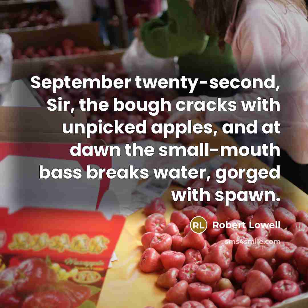 “September twenty-second, Sir, the bough cracks with unpicked apples, and at dawn the small-mouth bass breaks water, gorged with spawn.” quote by Robert Lowell