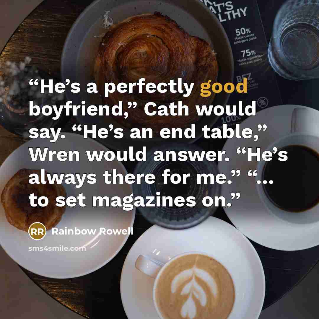“He’s a perfectly good boyfriend,” Cath would say. “He’s an end table,” Wren would answer. “He’s always there for me.” “… to set magazines on.” quote by Rainbow Rowell