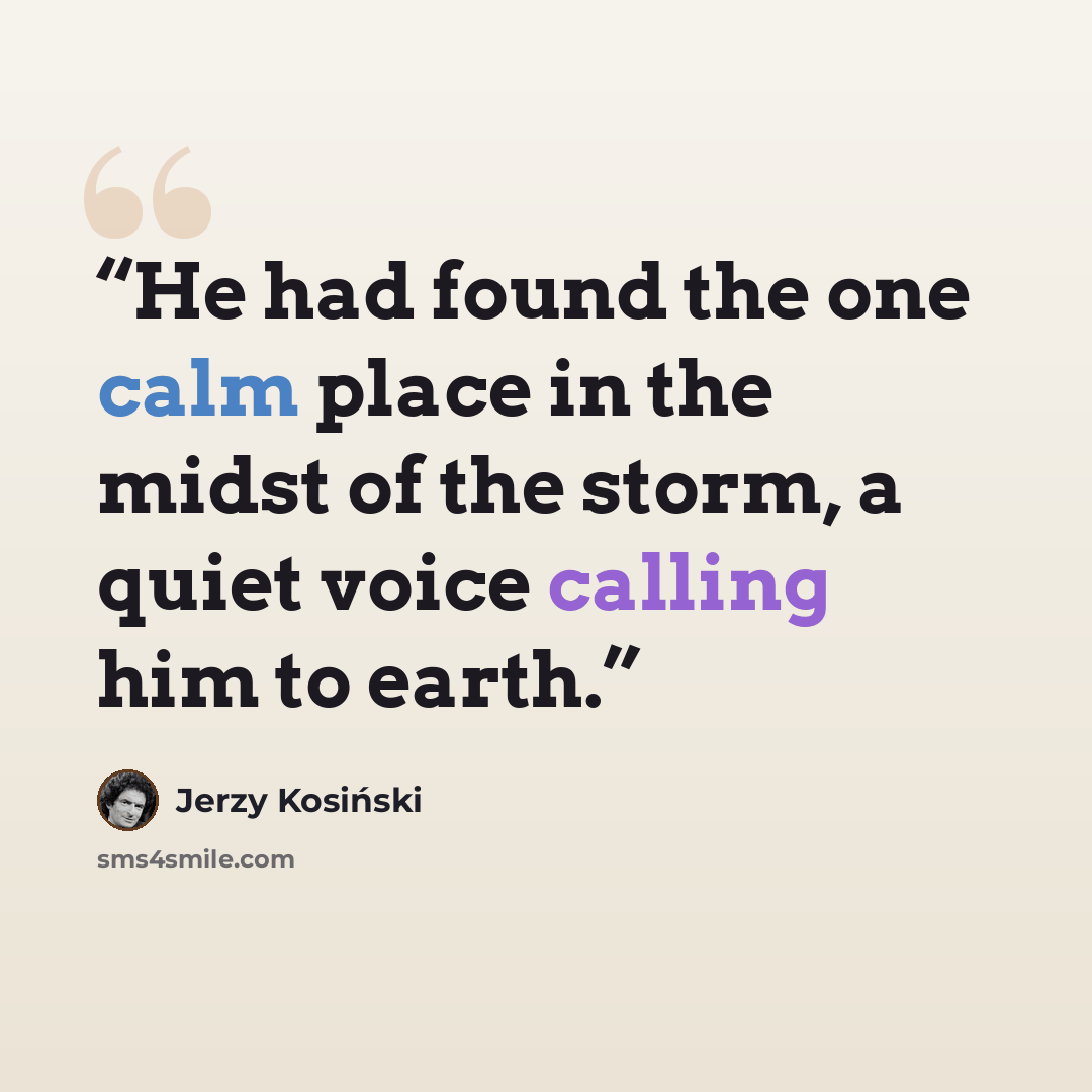 “He had found the one calm place in the midst of the storm, a quiet voice calling him to earth.” quote by Jerzy Kosiński