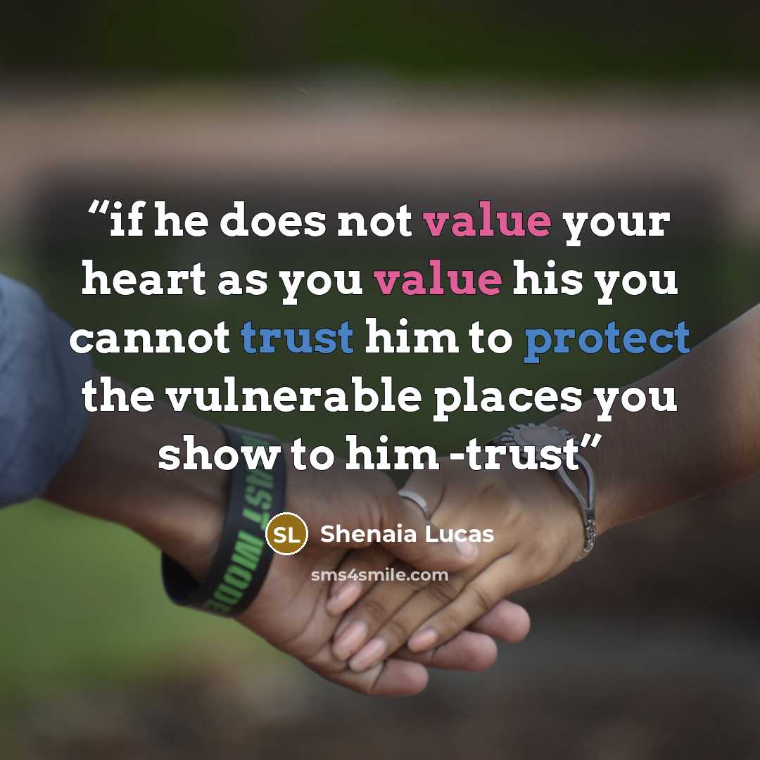 “if he does not value your heart as you value his you cannot trust him to protect the vulnerable places you show to him -trust” quote by Shenaia Lucas