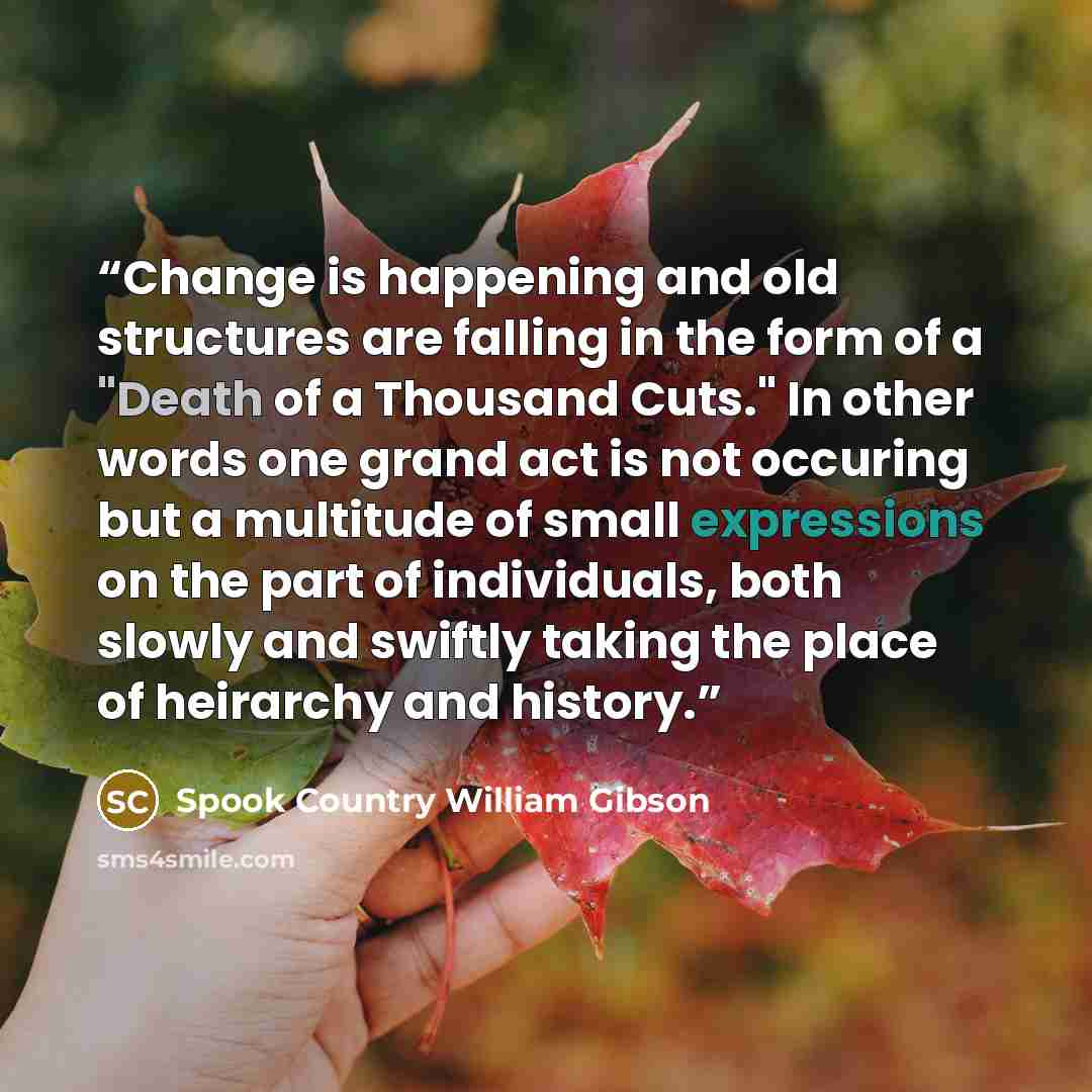 “Change is happening and old structures are falling in the form of a "Death of a Thousand Cuts." In other words one grand act is not occuring but a multitude of small expressions on the part of individuals, both slowly and swiftly taking the place of heirarchy and history.” quote by Spook Country William Gibson