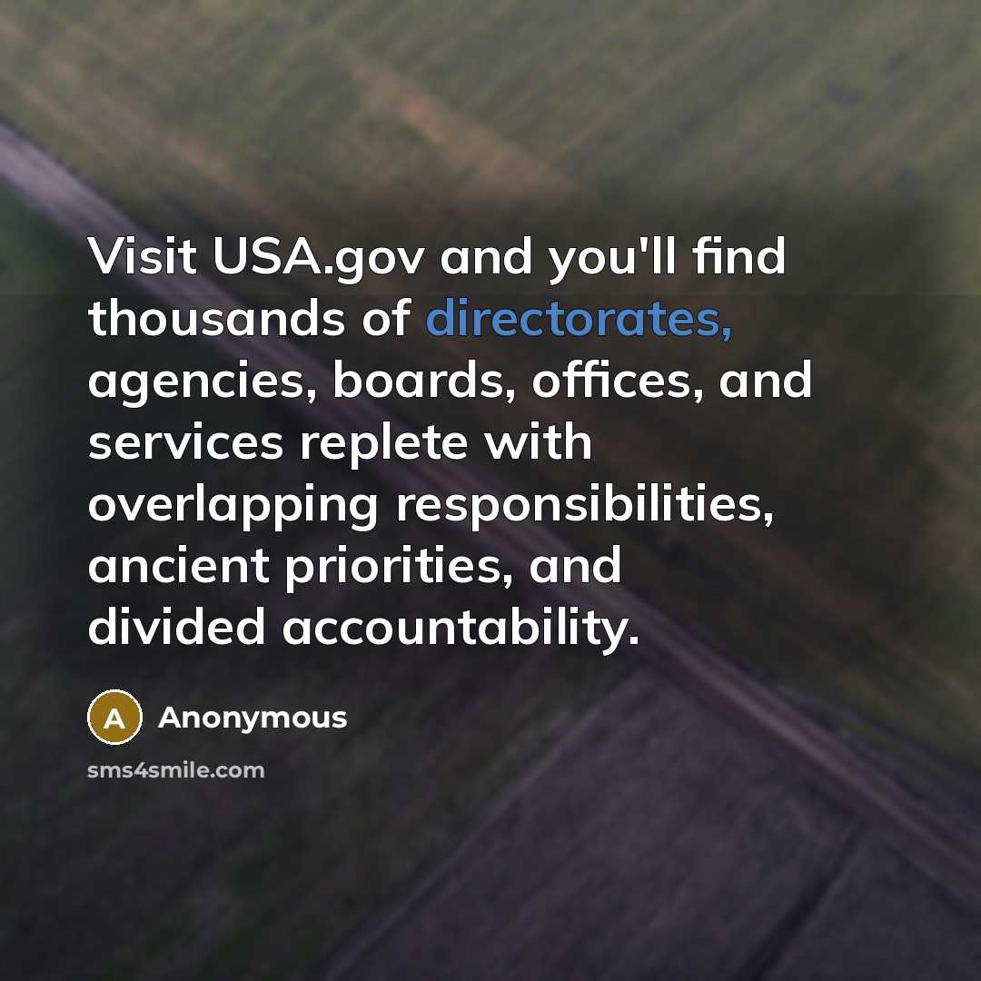 “Visit USA.gov and you'll find thousands of directorates, agencies, boards, offices, and services replete with overlapping responsibilities, ancient priorities, and divided accountability.” quote by Anonymous