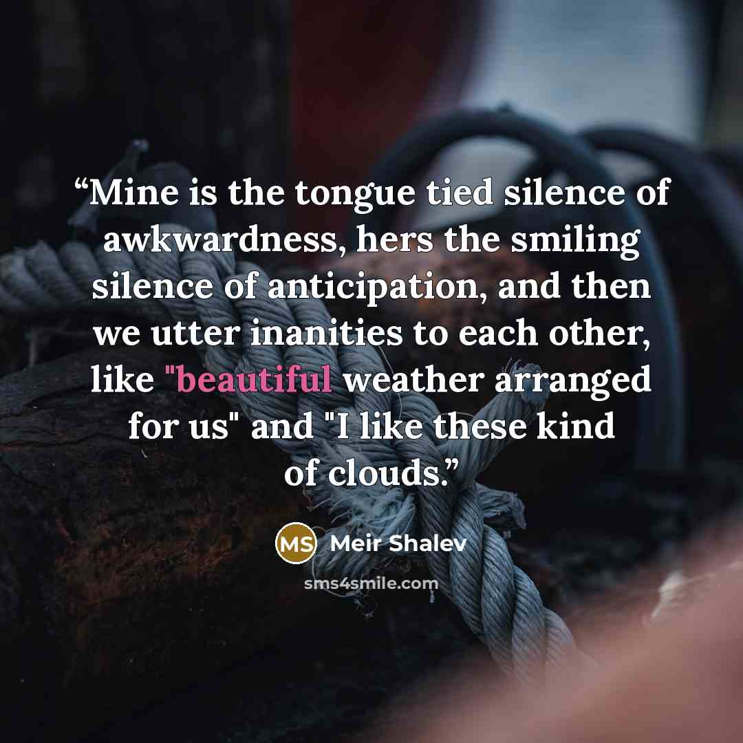 “Mine is the tongue tied silence of awkwardness, hers the smiling silence of anticipation, and then we utter inanities to each other, like "beautiful weather arranged for us" and "I like these kind of clouds.” quote by Meir Shalev