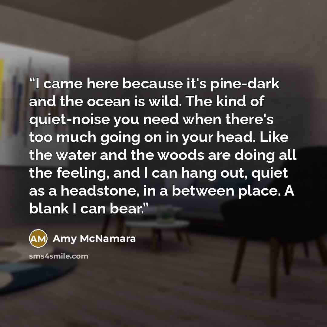 “I came here because it's pine-dark and the ocean is wild. The kind of quiet-noise you need when there's too much going on in your head. Like the water and the woods are doing all the feeling, and I can hang out, quiet as a headstone, in a between place. A blank I can bear.” quote by Amy McNamara