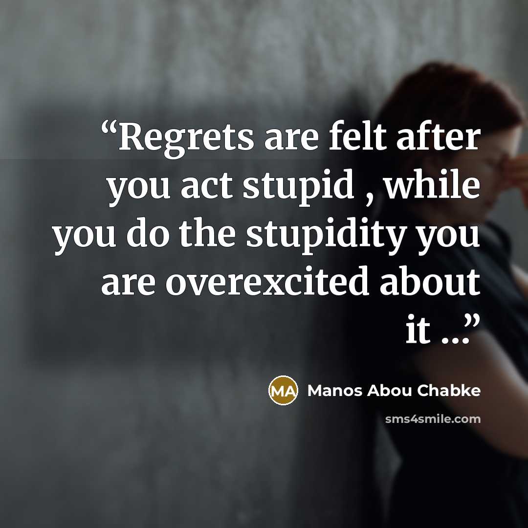 “Regrets are felt after you act stupid , while you do the stupidity you are overexcited about it …” quote by Manos Abou Chabke