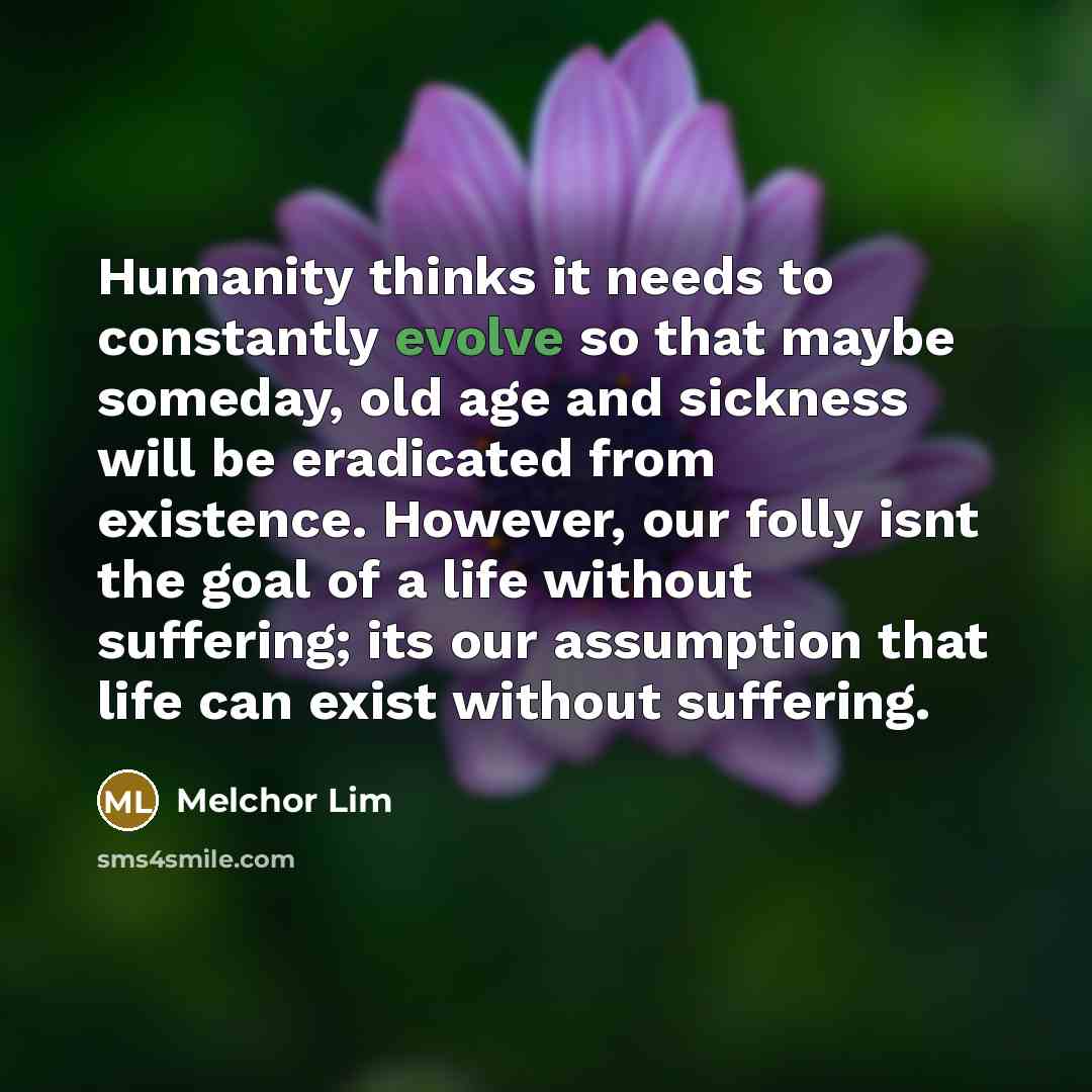 “Humanity thinks it needs to constantly evolve so that maybe someday, old age and sickness will be eradicated from existence. However, our folly isnt the goal of a life without suffering; its our assumption that life can exist without suffering.” quote by Melchor Lim