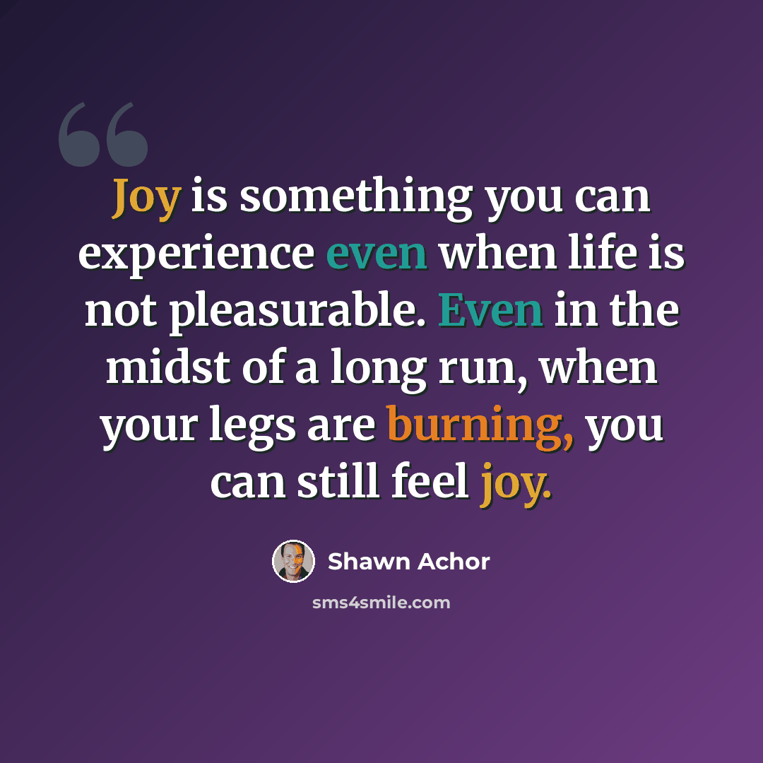“Joy is something you can experience even when life is not pleasurable. Even in the midst of a long run, when your legs are burning, you can still feel joy.” quote by Shawn Achor