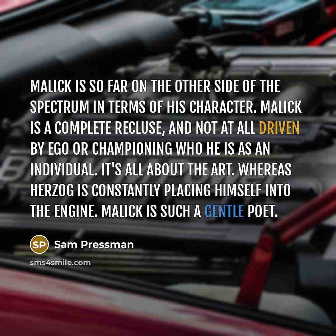 “Malick is so far on the other side of the spectrum in terms of his character. Malick is a complete recluse, and not at all driven by ego or championing who he is as an individual. It's all about the art. Whereas Herzog is constantly placing himself into the engine. Malick is such a gentle poet.” quote by Sam Pressman