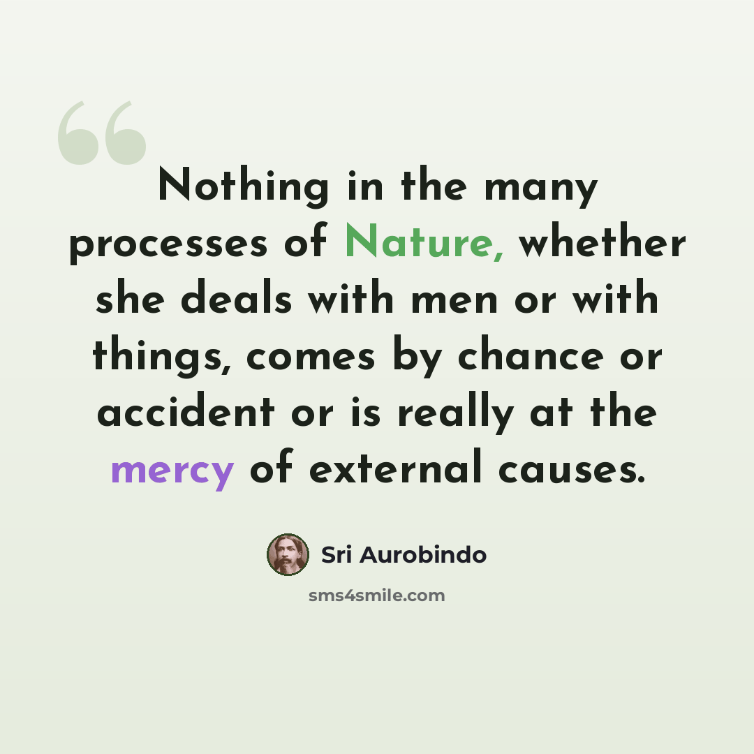 “Nothing in the many processes of Nature, whether she deals with men or with things, comes by chance or accident or is really at the mercy of external causes.” quote by Sri Aurobindo