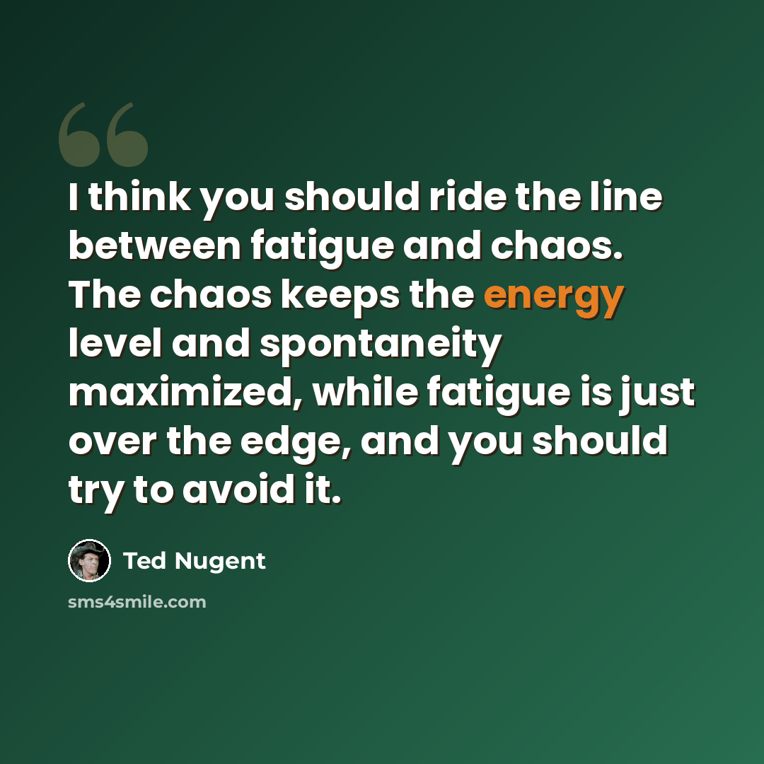 “I think you should ride the line between fatigue and chaos. The chaos keeps the energy level and spontaneity maximized, while fatigue is just over the edge, and you should try to avoid it.” quote by Ted Nugent