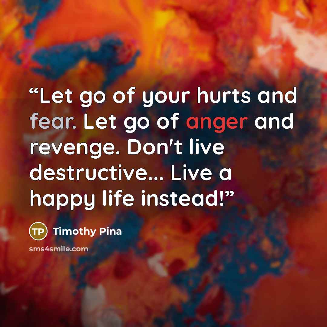 “Let go of your hurts and fear. Let go of anger and revenge. Don't live destructive... Live a happy life instead!” quote by Timothy Pina