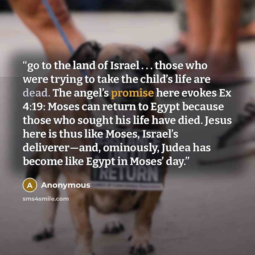 “go to the land of Israel . . . those who were trying to take the child’s life are dead. The angel’s promise here evokes Ex 4:19: Moses can return to Egypt because those who sought his life have died. Jesus here is thus like Moses, Israel’s deliverer—and, ominously, Judea has become like Egypt in…” quote by Anonymous